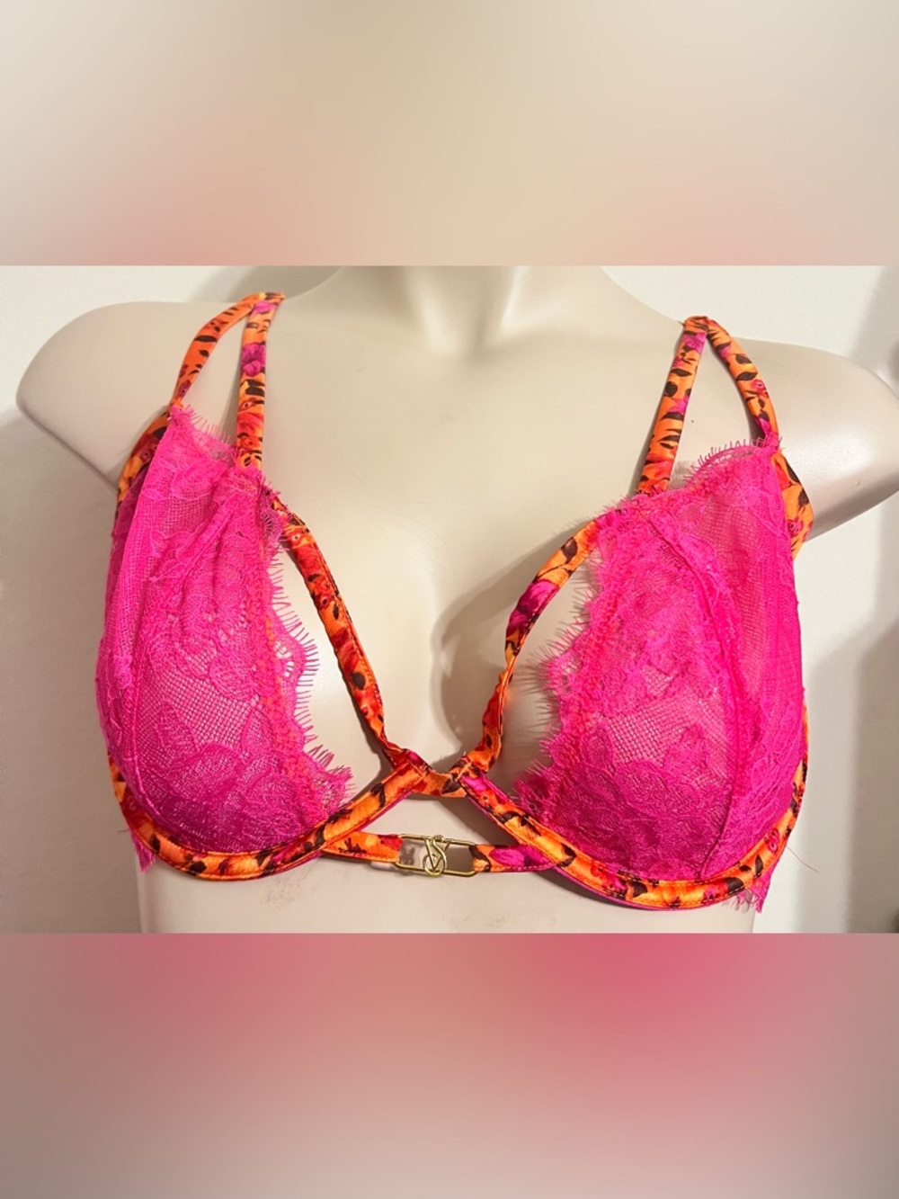 Victoria's Secret Very Sexy Low Cut Demi Bra Hot Pink Lace Orange Trim 38D NWT